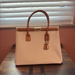 Elegant Cream and Tan Satchel with Metal Accents